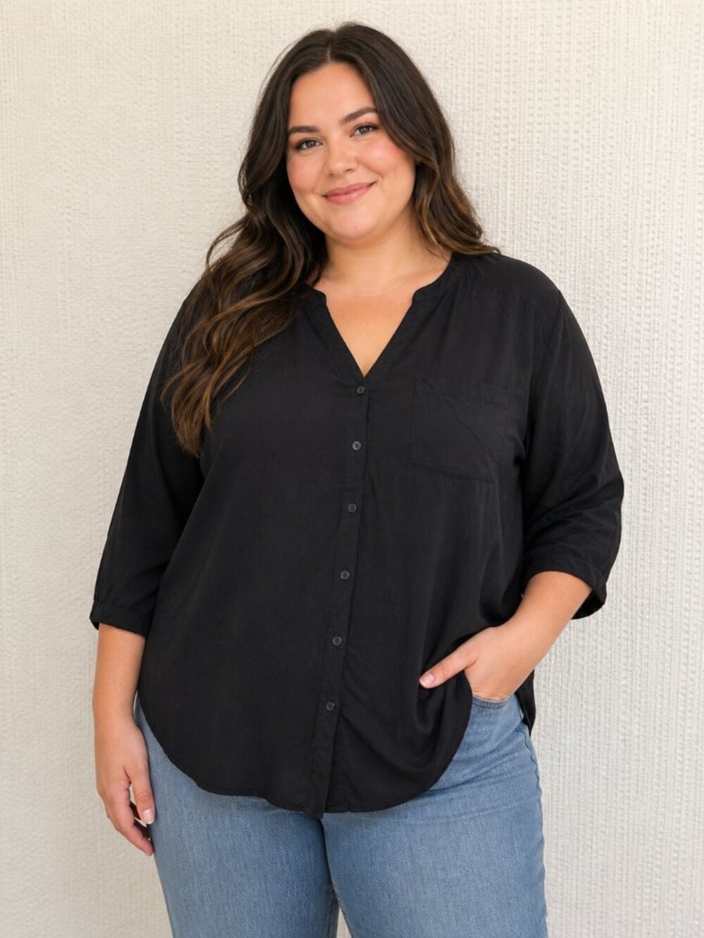 DR2 Black Button Down Blouse 3X Plus Size Flowy Tunic High Low Top